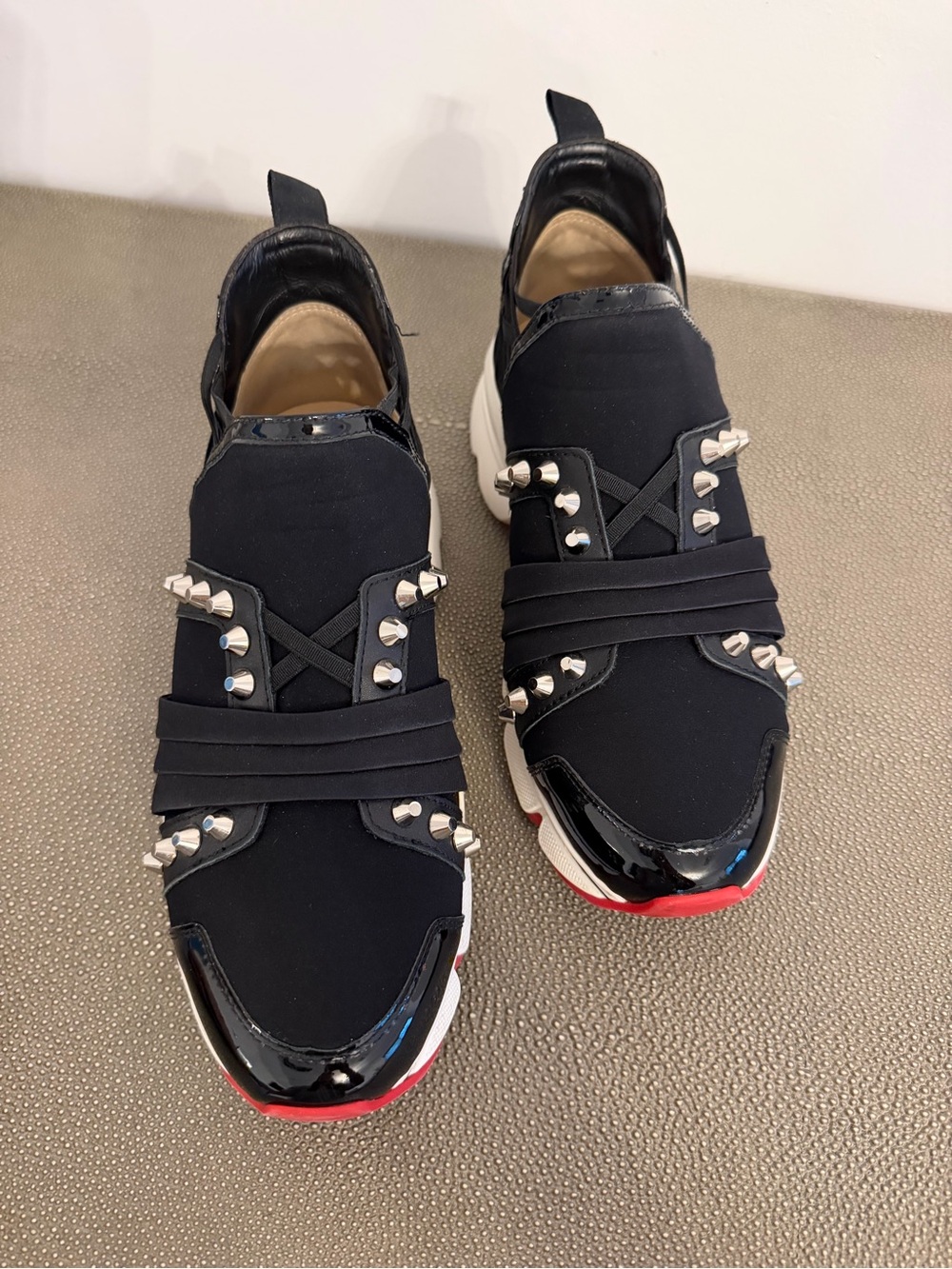 Christian Louboutin Run Flat Black Studded Slip-On Sneakers with Red Sole